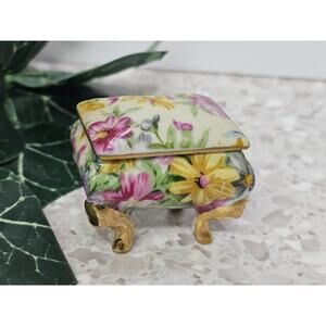 Vintage Hand Painted EW Nikoniko Bone China Footed Trinket Box Miniature 1 3/4"